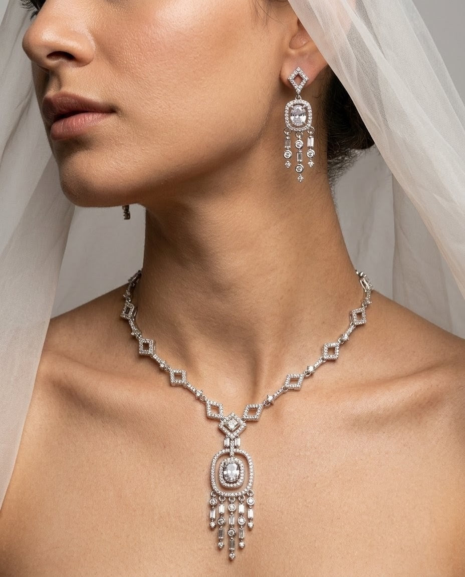 Silver-Plated American Diamond & Crystal Pendant Necklace Set