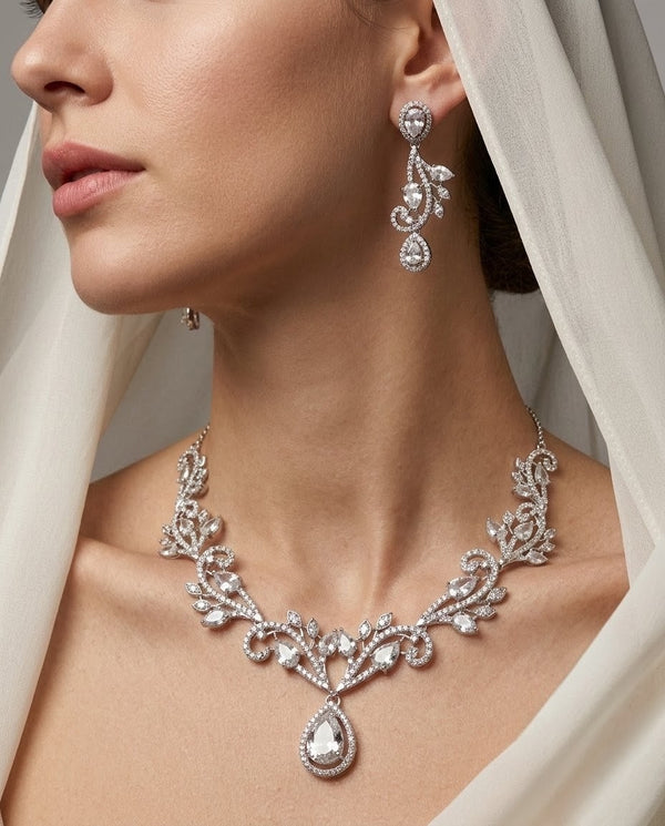 Silver-Plated Teardrop American Diamond CZ Pendant Necklace Set