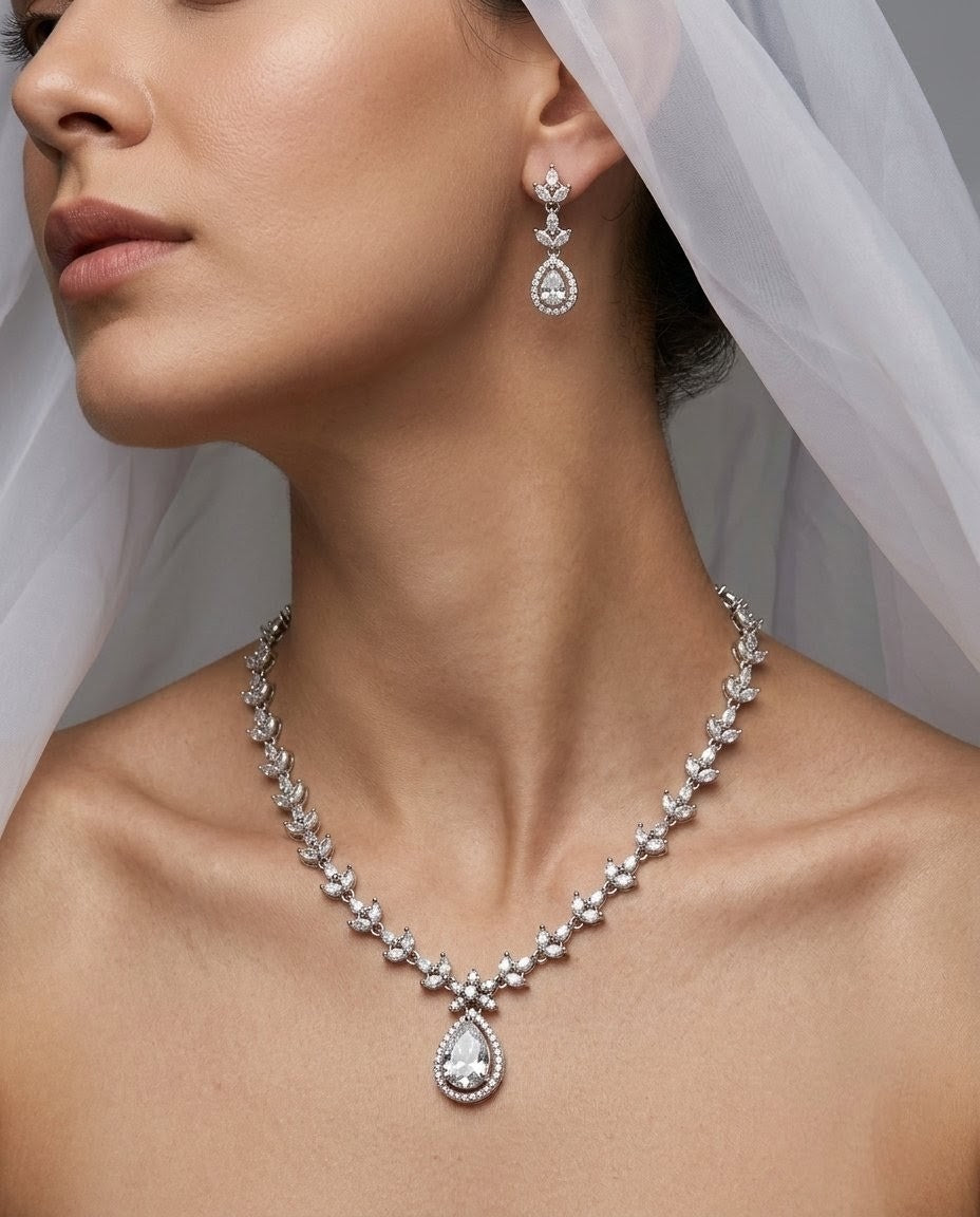 Silver-Plated Teardrop American Diamond CZ Pendant Necklace Set
