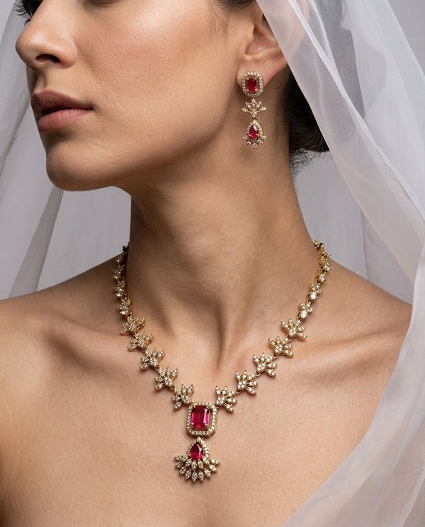 Gold-Plated AD & Emerald Stone Necklace Set