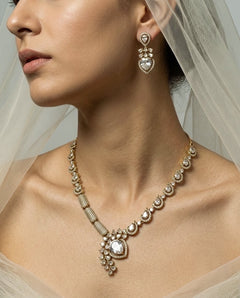 Gold-Plated American Diamond & CZ Teardrop Crystal Pendant Necklace Set