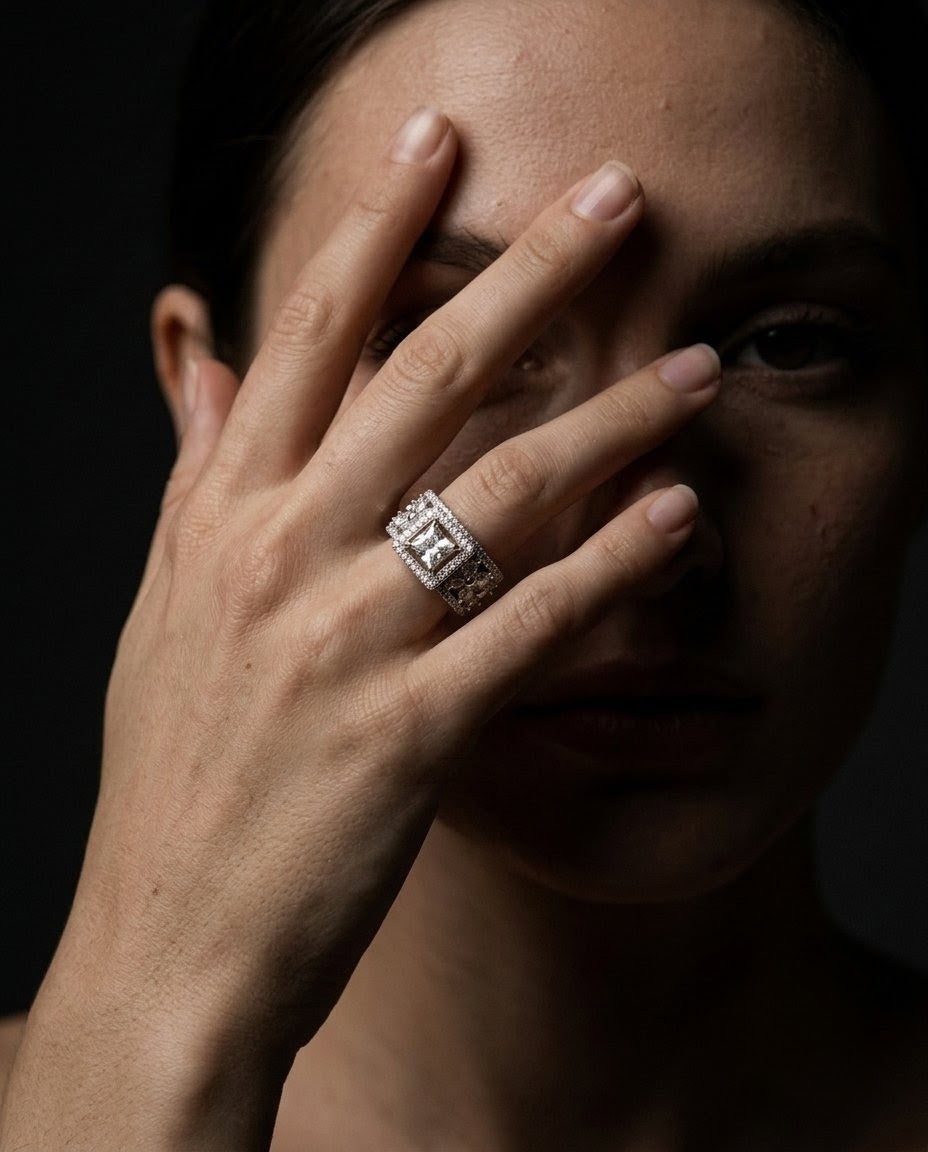 Silver-Plated Marquise Halo Cluster Ring