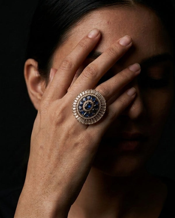 Gold-Plated American Diamond Sapphire Statement Ring