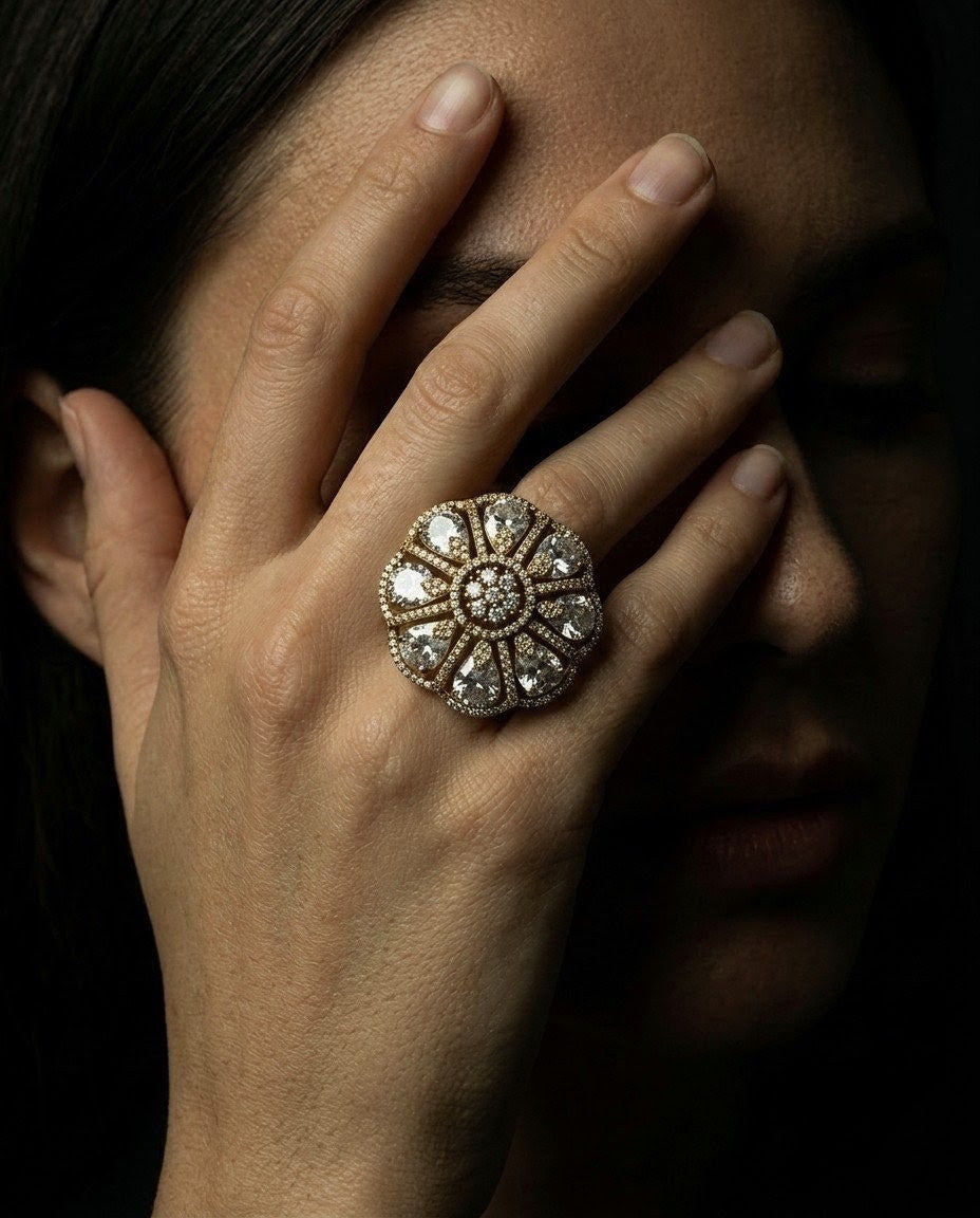 Gold-Plated American Diamond Statement Ring