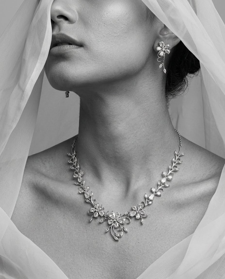 Silver-Plated Floral Pendant Necklace Set with American Diamond CZ
