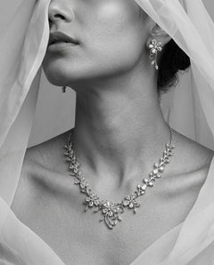 Silver-Plated Floral Pendant Necklace Set with American Diamond CZ