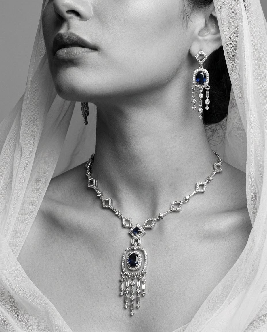 Silver-Plated American Diamond & Crystal Pendant Necklace Set