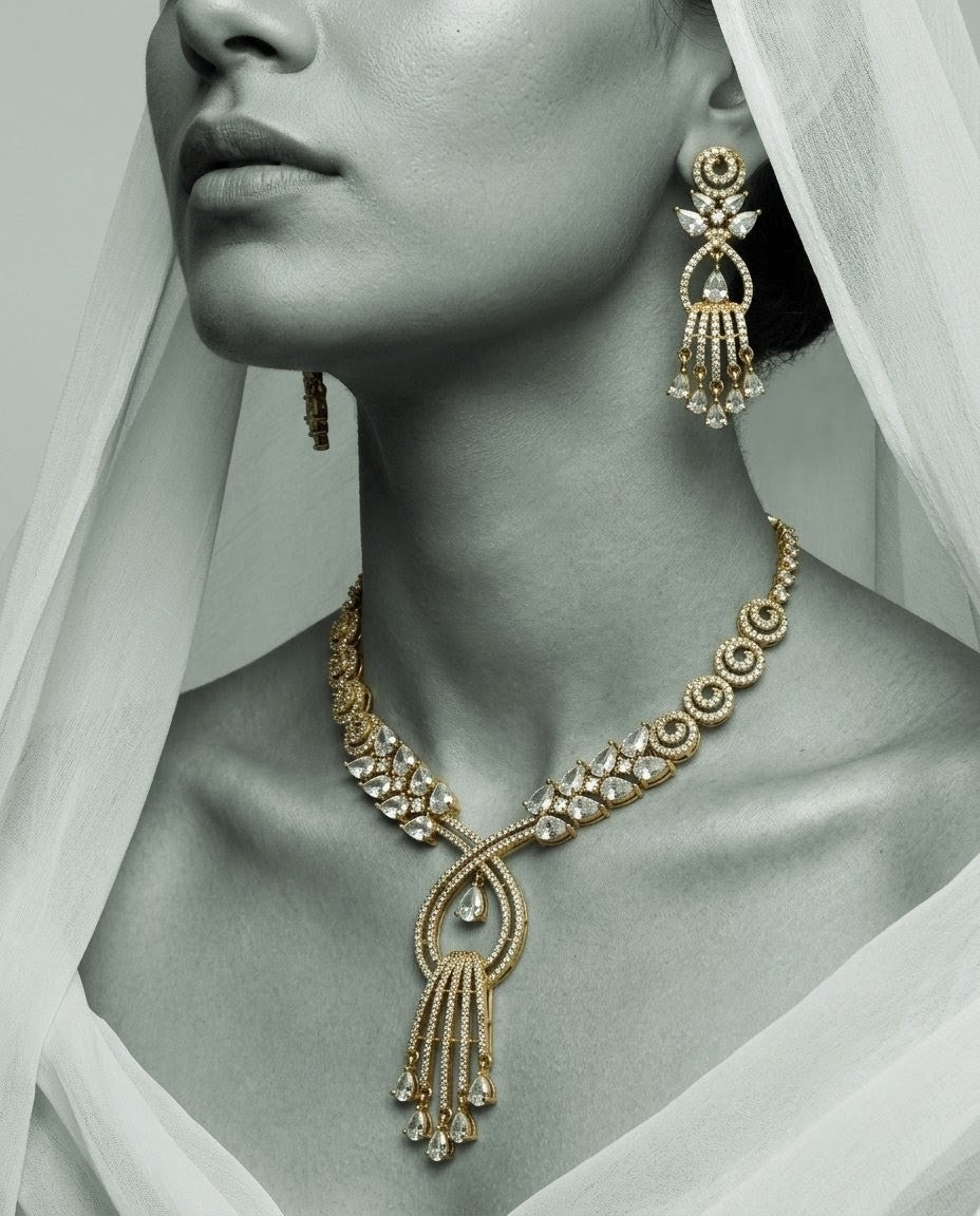 Gold-Plated American Diamond & CZ Teardrop Crystal Pendant Necklace Set