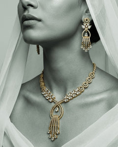 Gold-Plated American Diamond & CZ Teardrop Crystal Pendant Necklace Set