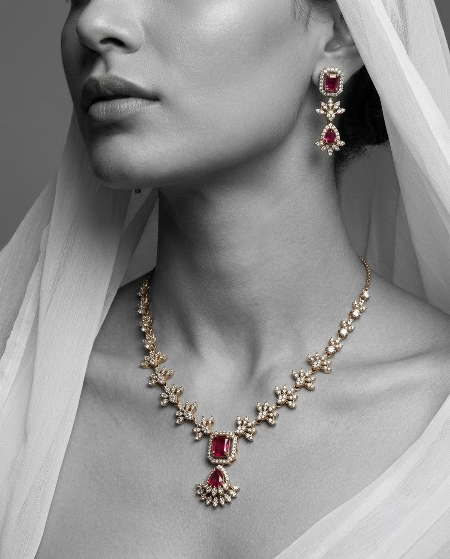 Gold-Plated AD & Emerald Stone Necklace Set