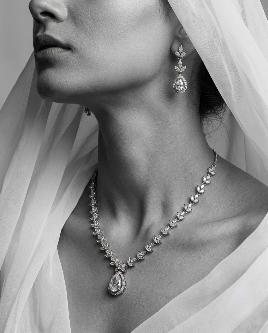 Silver-Plated Teardrop American Diamond CZ Pendant Necklace Set