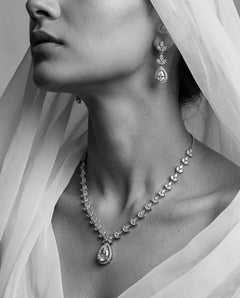 Silver-Plated Teardrop American Diamond CZ Pendant Necklace Set