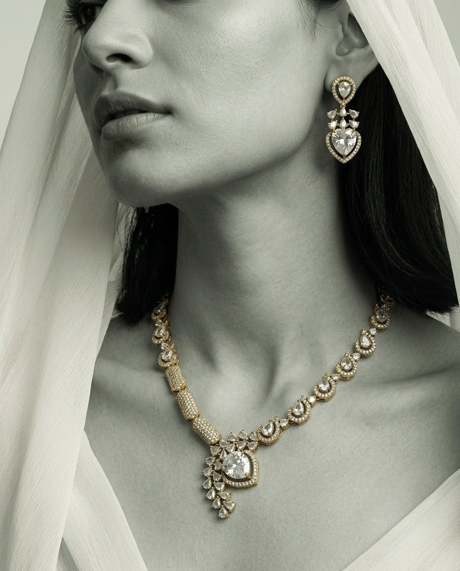 Gold-Plated American Diamond & CZ Teardrop Crystal Pendant Necklace Set