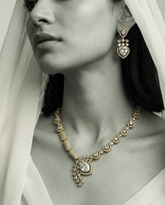 Gold-Plated American Diamond & CZ Teardrop Crystal Pendant Necklace Set