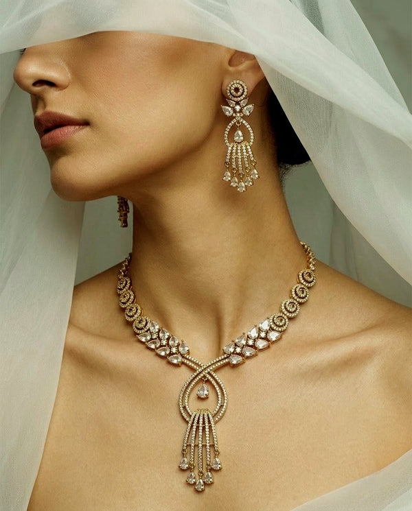 Gold-Plated American Diamond & CZ Teardrop Crystal Pendant Necklace Set