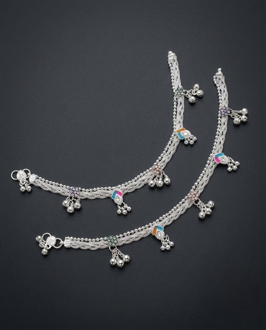 Silver-Plated Meenakari Ghungroo Anklets