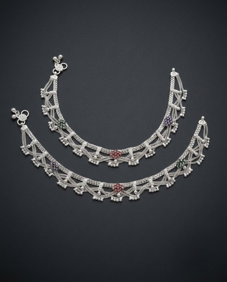 Silver-Plated AD Ghungroo Anklets