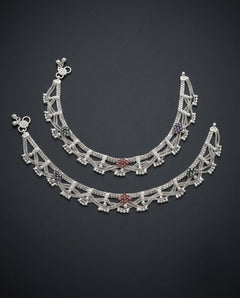 Silver-Plated AD Ghungroo Anklets