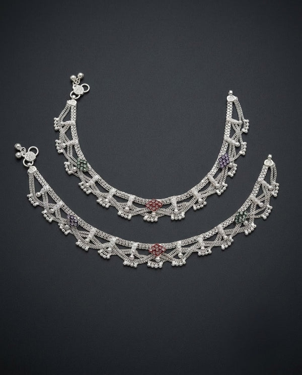 Silver-Plated AD Ghungroo Anklets