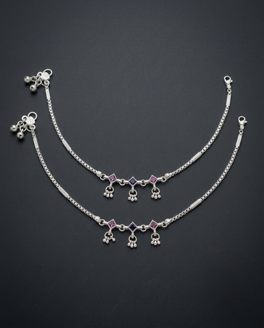 Silver-Plated AD Ghungroo Anklets