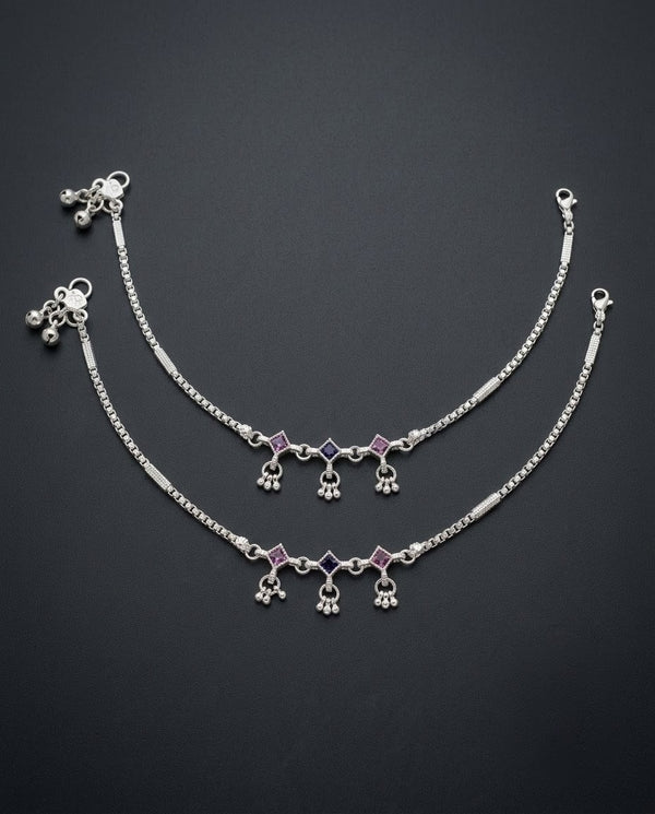 Silver-Plated AD Ghungroo Anklets