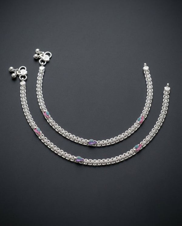 Silver-Plated Meenakari Ghungroo Anklets
