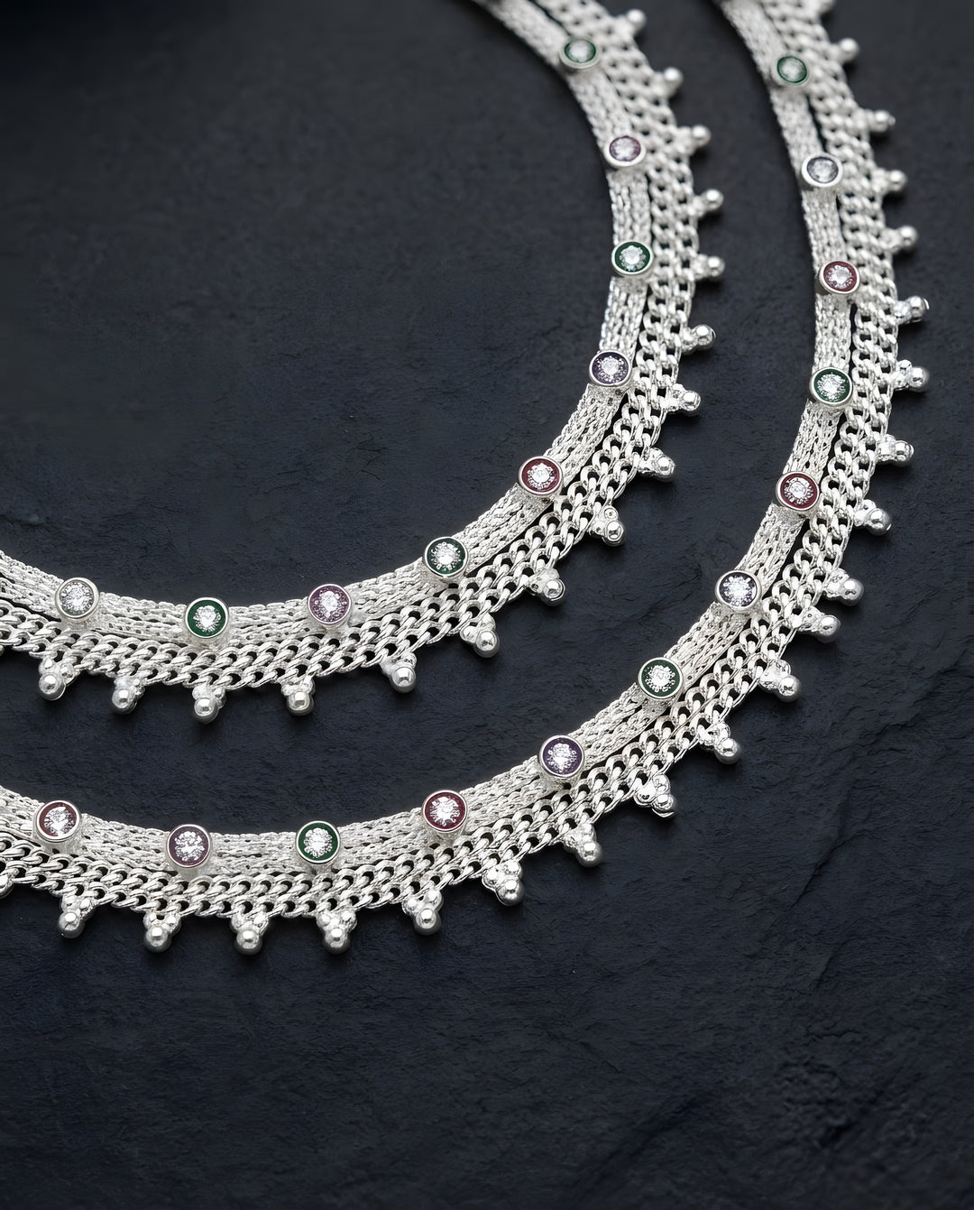 Silver-Plated Multicolor Ghungroo Anklets