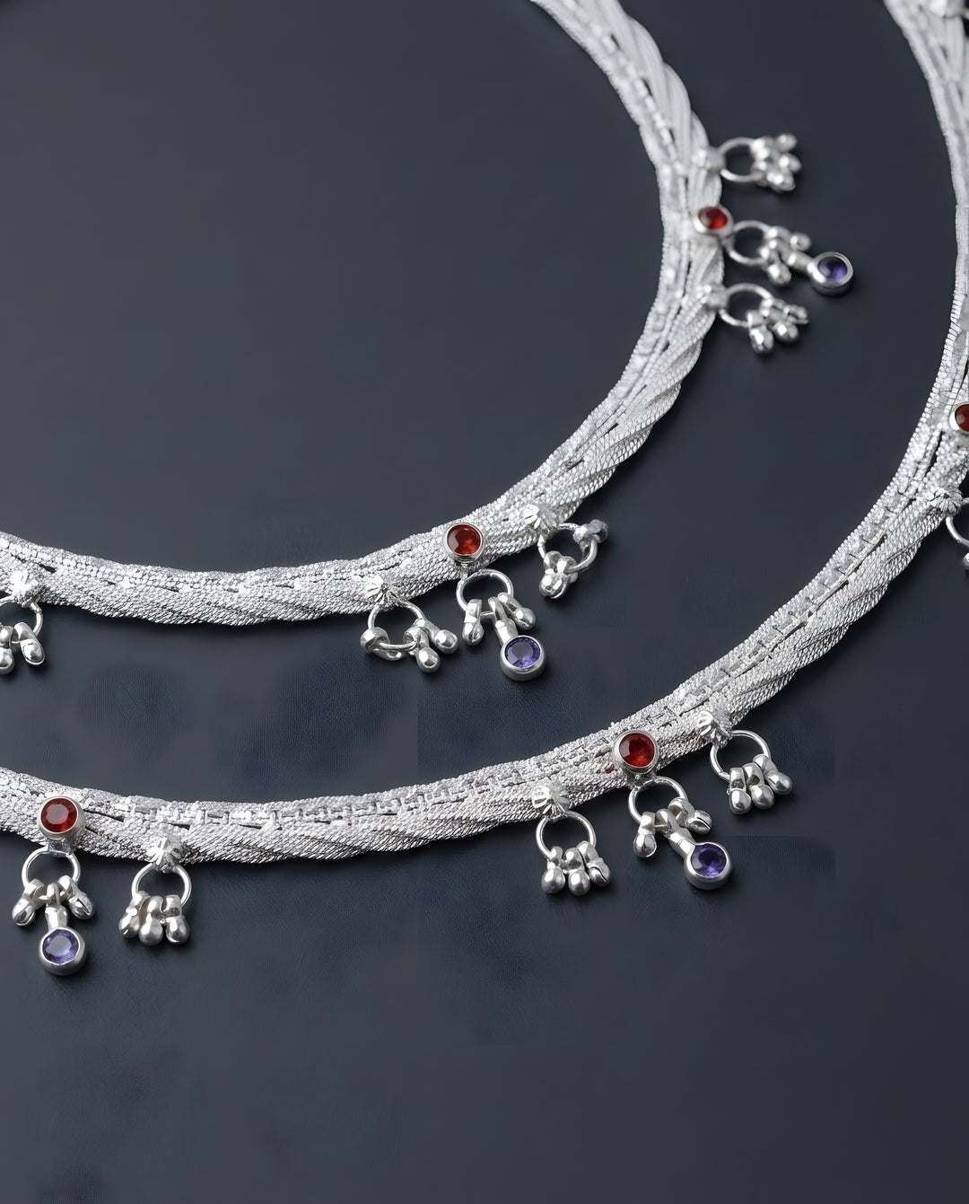 Silver-Plated Multicolor Braided Anklets