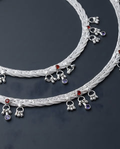 Silver-Plated Multicolor Braided Anklets