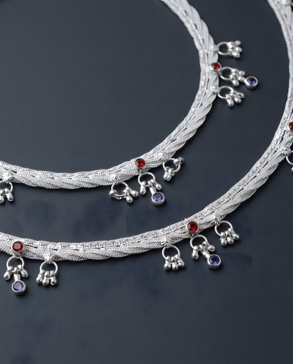 Silver-Plated Multicolor Braided Anklets