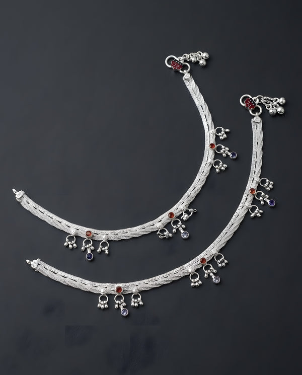Silver-Plated Multicolor Braided Anklets