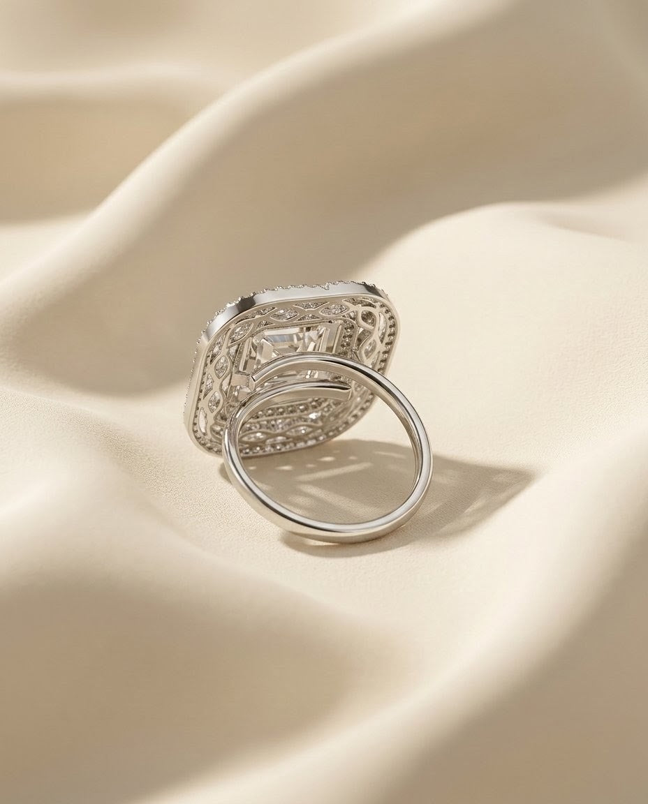 Silver-Plated Marquise Halo Cluster Ring