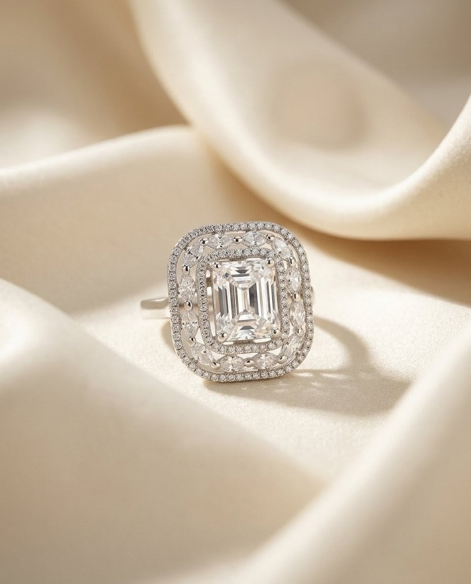 Silver-Plated Marquise Halo Cluster Ring