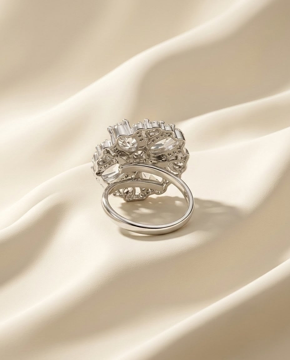 Silver-Plated Marquise Floral Halo Cluster Ring