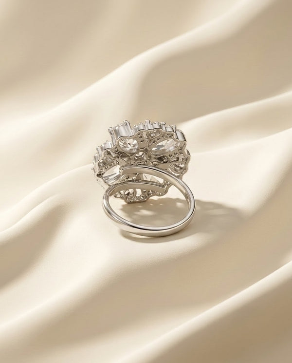 Silver-Plated Marquise Floral Halo Cluster Ring
