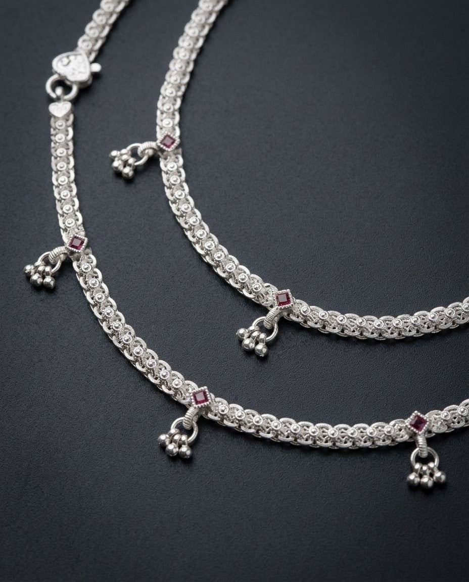 Ruby Red Filigree Ghungroo Anklets