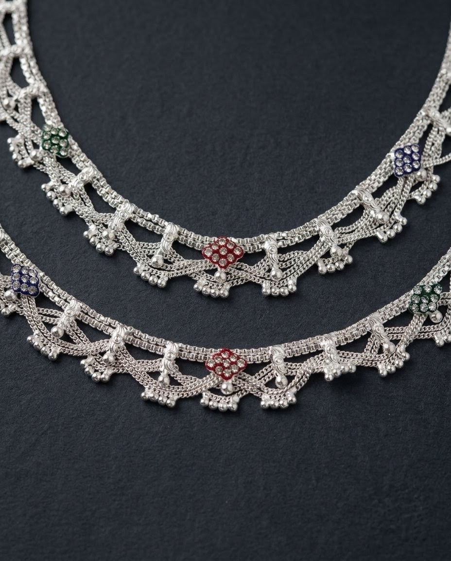 Silver-Plated AD Ghungroo Anklets