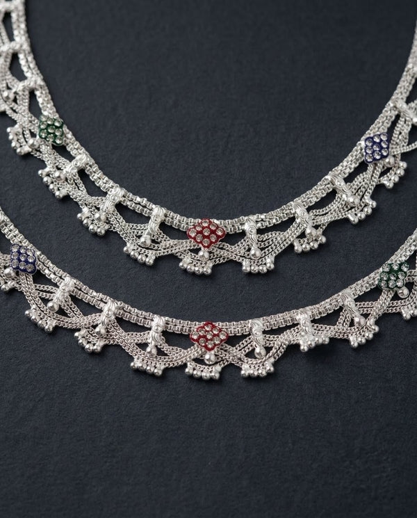 Silver-Plated AD Ghungroo Anklets