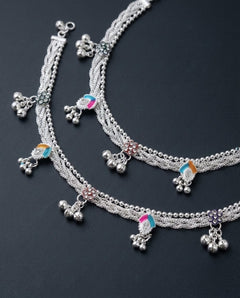 Silver-Plated Meenakari Ghungroo Anklets