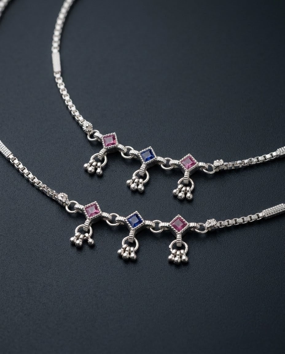 Silver-Plated AD Ghungroo Anklets