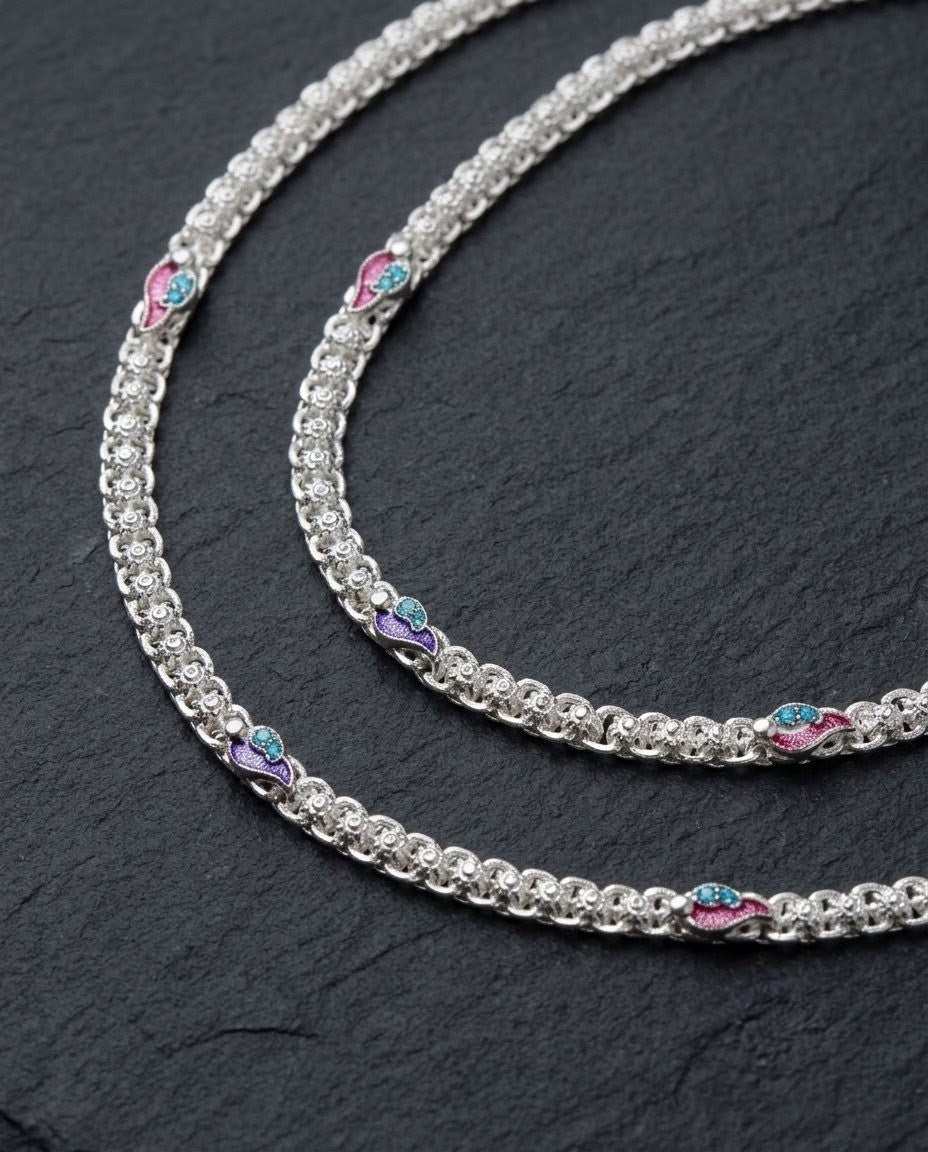 Silver-Plated Meenakari Ghungroo Anklets