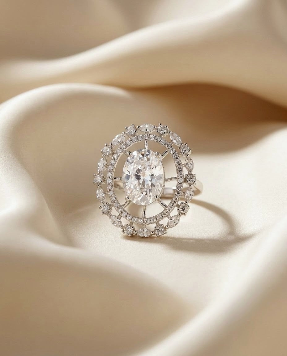 Sterling Silver Moissanite & Cubic Zirconia American Diamond Ring