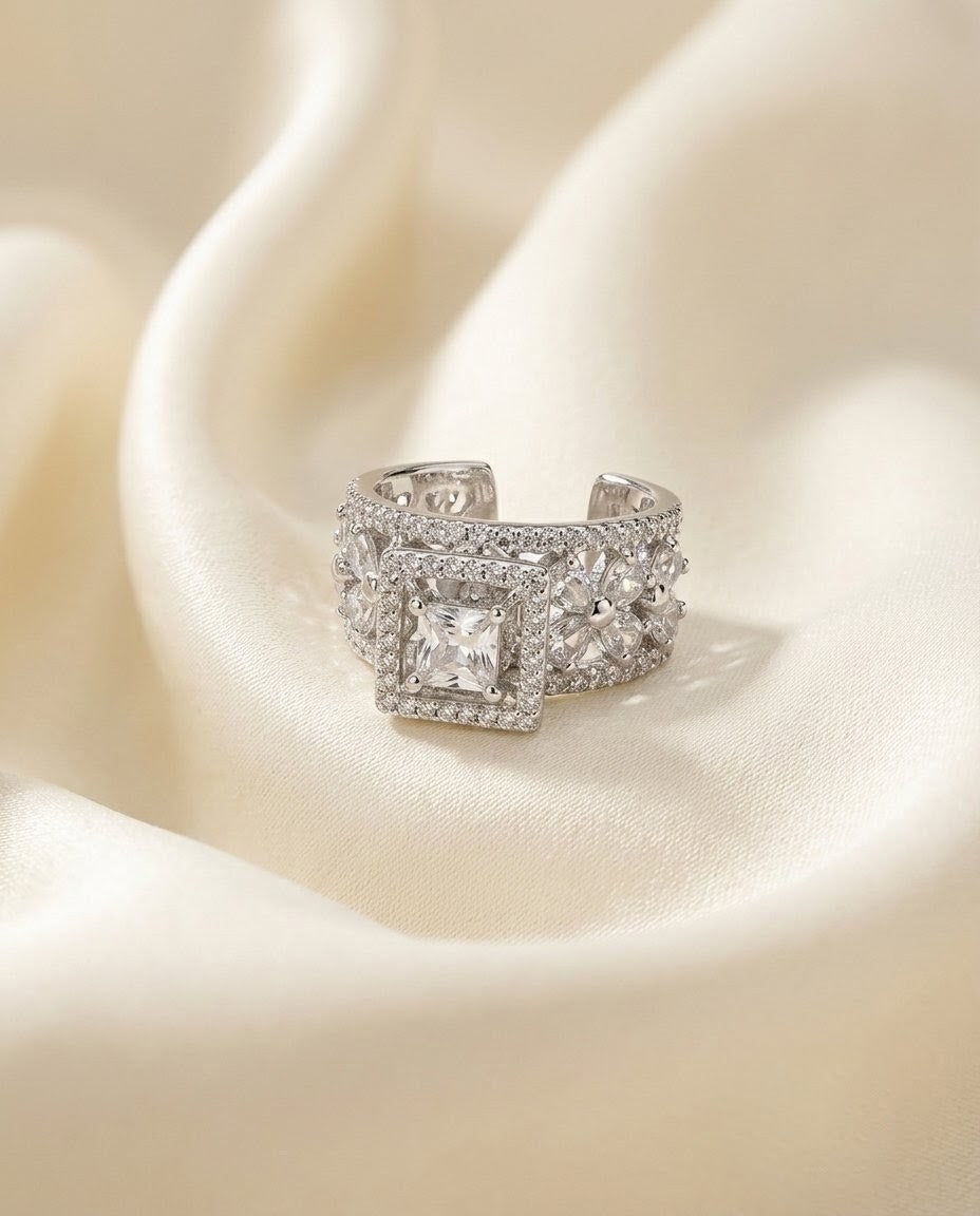 Silver-Plated Marquise Halo Cluster Ring