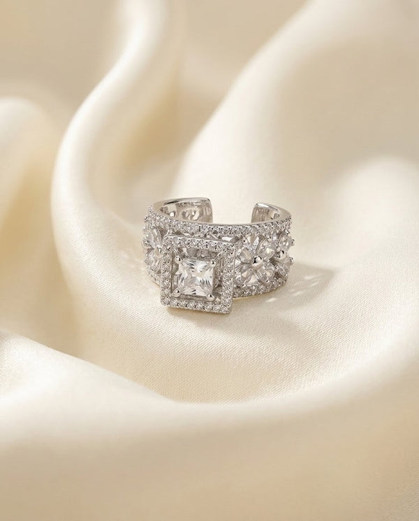 Silver-Plated Marquise Halo Cluster Ring