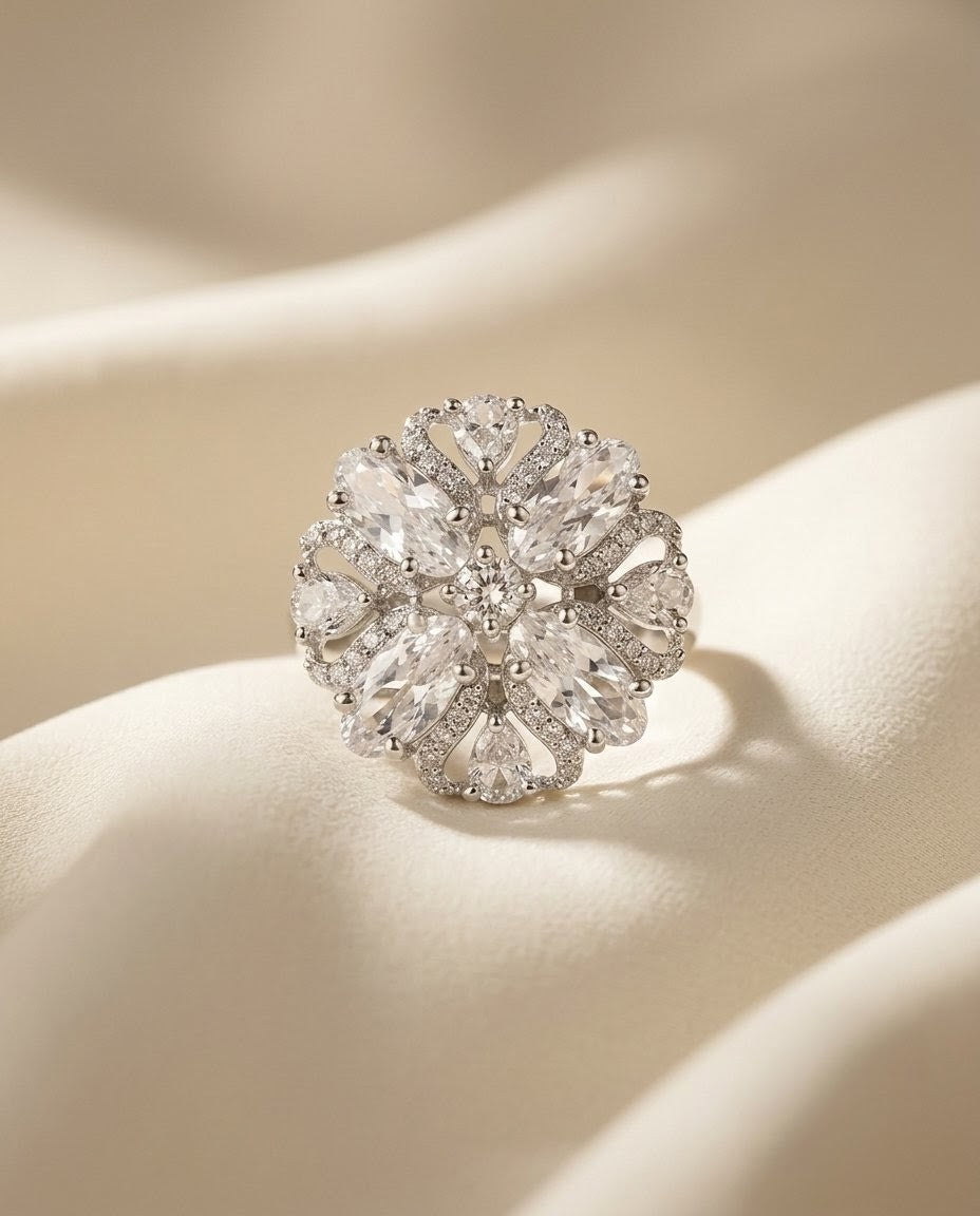 Silver-Plated Marquise Floral Halo Cluster Ring