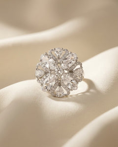 Silver-Plated Marquise Floral Halo Cluster Ring