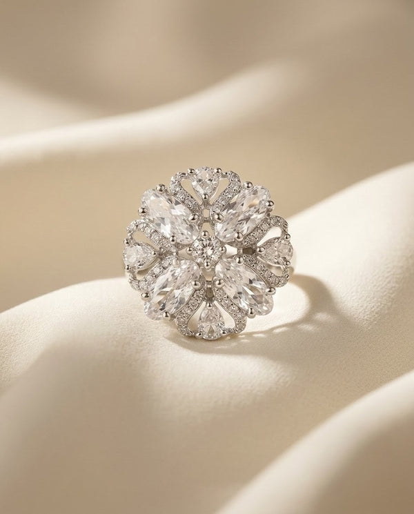 Silver-Plated Marquise Floral Halo Cluster Ring