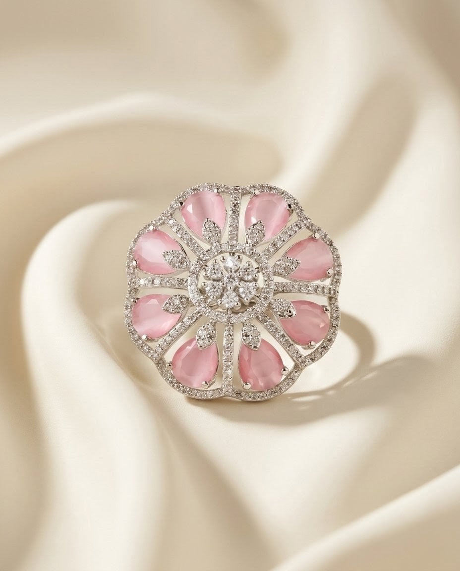 Silver-Plated Floral CZ Ring