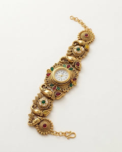 Antique Gold Rajwadi Kundan Watch Bracelet