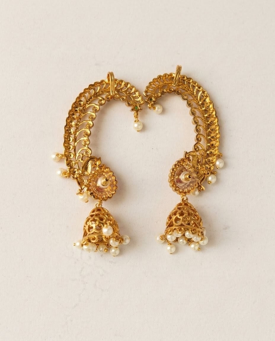Gold Plated Peacock Kemp Jhumka Earcuffs